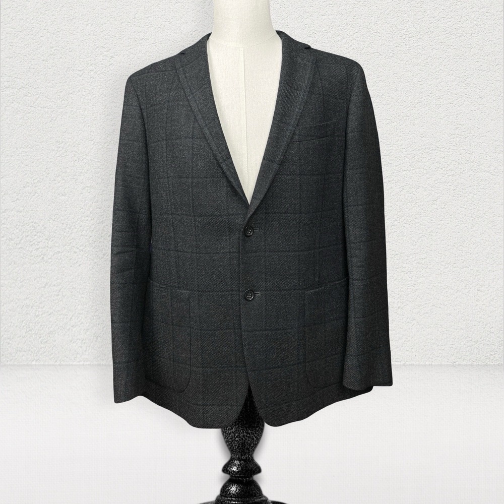 Banana Republic Wool Slim Fit Blazer Men 44R Black Grey Window Pane Plaid Jacket